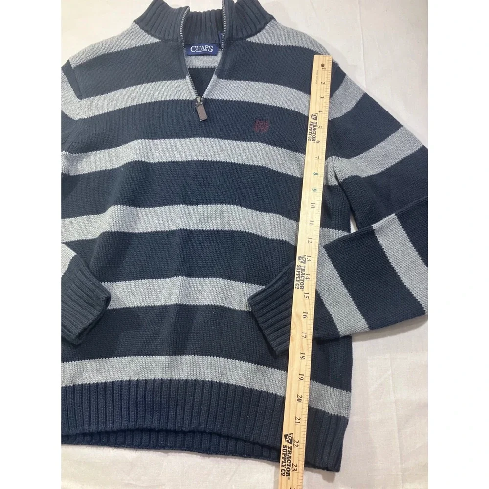 Chaps Mens Small Quarter‎ Zip Pullover Sweater Navy Blue Gray Striped Cotton